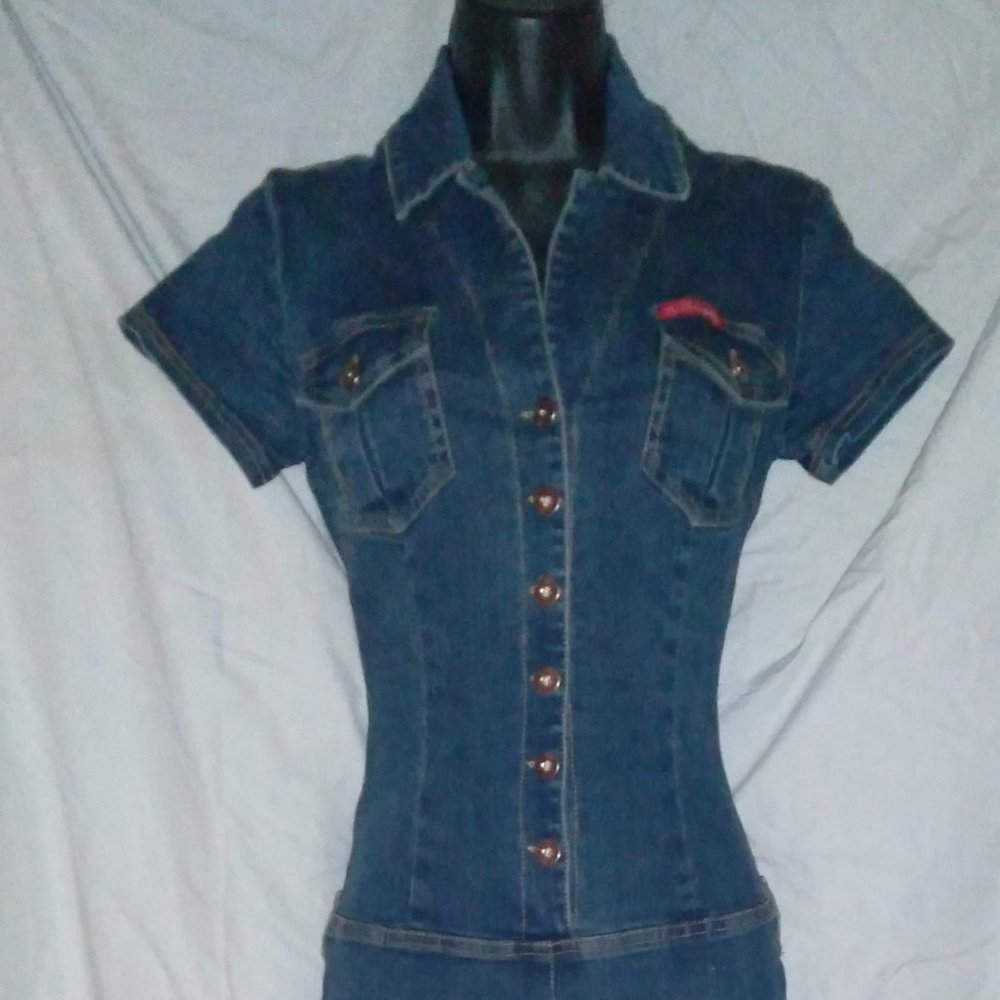 VINTAGE HOT KISS STRETCH DENIM BUTTON UP JUMPSUIT